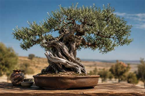 Olivo milenario estilizado como bonsai con tronco retorcido y corteza plateada