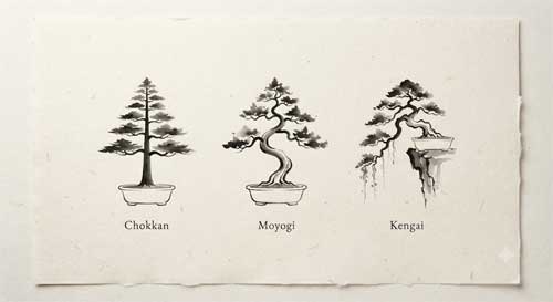 Resumen visual de los estilos básicos de bonsái japonés
