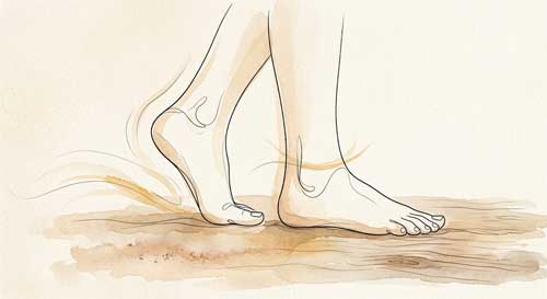 Ilustración de pies descalzos caminando con atención sobre tierra o madera