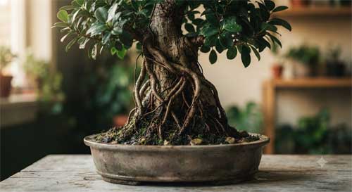 Detalle de un Penjing estilo Min o Zhe mostrando su carácter distintivo