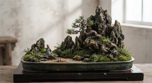 Composición de penjing con rocas, musgo y pequeño árbol en bandeja poco profunda