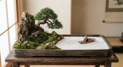 Composición penjing con árbol, rocas, arena blanca simulando agua y una pequeña barca