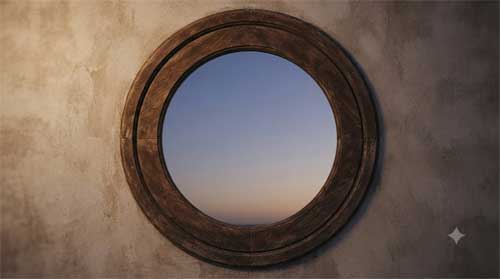 Vista serena a través de ventana circular envejecida hacia cielo despejado al atardecer, luz suave enmarcando el espacio vacío central