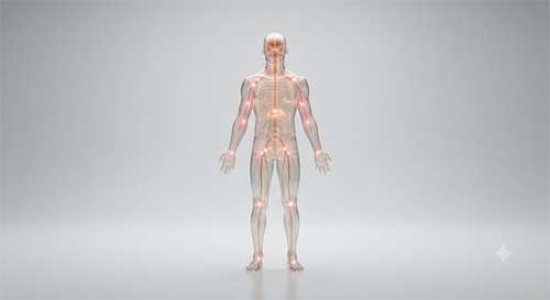 Diagrama estilizado del cuerpo humano mostrando zonas nerviosas sensibles