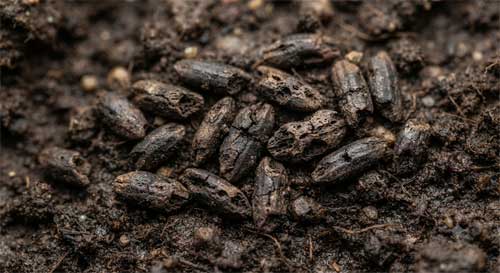Primer plano de granos de arroz fosilizados o carbonizados hallados en excavaciones arqueológicas