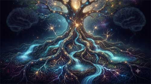 Representación simbólica de redes neuronales luminosas entrelazadas con raíces de árbol, sugiriendo conexión y vitalidad