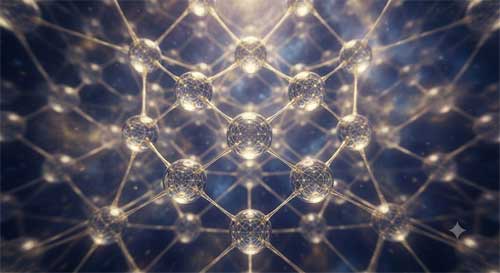 Red infinita de joyas luminosas reflejándose mutuamente en todas direcciones, tonos índigo y dorado etéreo