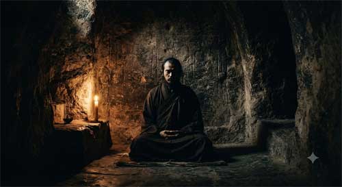 Silueta de Bodhidharma meditando frente a una pared de piedra antigua con luz tenue