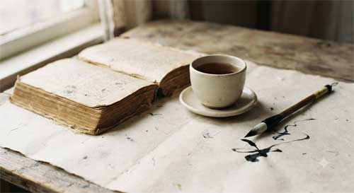 Composición artística con libros abiertos, una taza de té y caligrafía oriental sobre papel artesanal