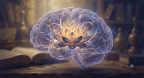 Fusión artística de un cerebro humano translúcido con un loto floreciendo en su interior, tonos índigo y dorado suave