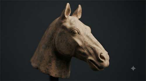 Primer plano de cabeza de caballo de terracota Qin con expresión serena y detalles anatómicos realistas, luz suave resaltando textura arcillosa