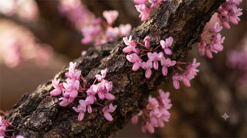 Detalle de flores rosadas de Cercis siliquastrum brotando directamente del tronco maduro de un bonsái