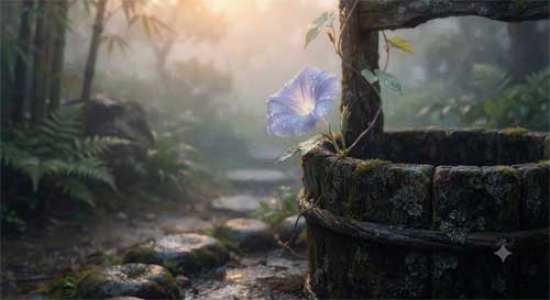 Flor de gloria matinal (asagao) azul-violeta abriéndose al amanecer junto a pozo de madera antiguo, luz suave y rocío, atmósfera de despertar sereno