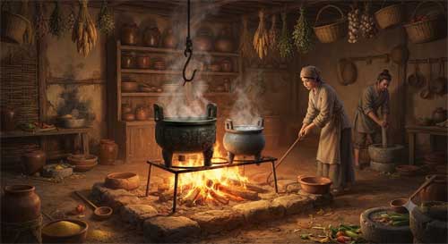 Recreación de una cocina antigua Shang con trípodes de bronce y cerámica sobre fuego