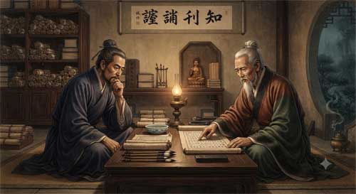 Ilustración de un debate filosófico entre un erudito confuciano y un monje budista