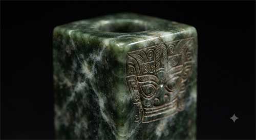 Pieza de jade Cong de la cultura Liangzhu con caras humanas estilizadas grabadas