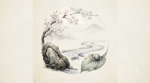 Composición simbólica con cuatro elementos naturales representando a Bashō, Buson, Issa y Shiki