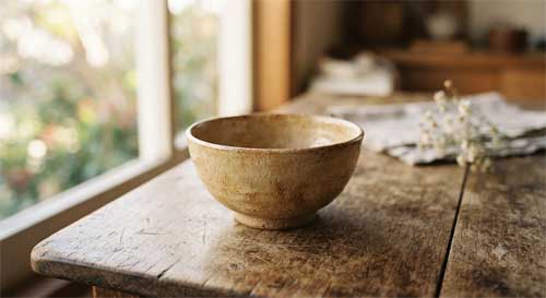 Cuenco cerámico simple sobre mesa de madera con luz natural suave