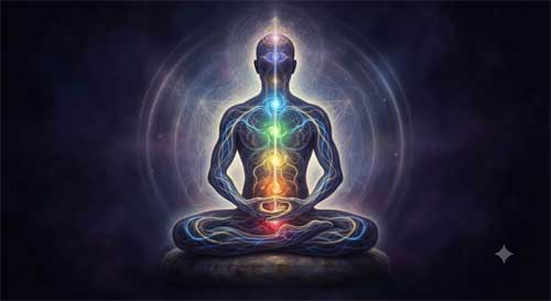 Silueta humana en postura de yoga o qigong con energía luminosa fluyendo a través de los meridianos, fondo oscuro sereno