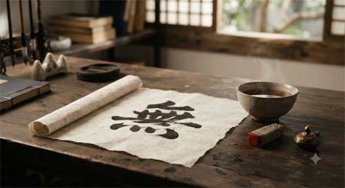 Representación artística de una carta antigua con caligrafía zen sobre una mesa de estudio