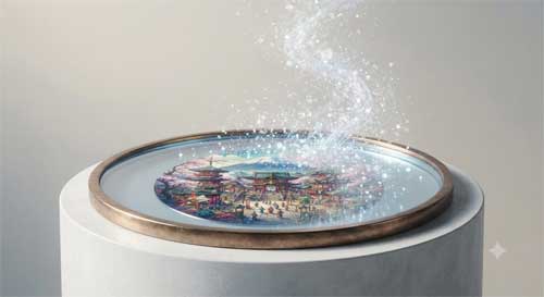 Representación artística de un espejo claro reflejando imágenes que se disuelven en luz