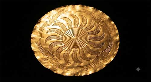 Disco de oro de Jinsha con diseño solar y pájaros volando en círculo