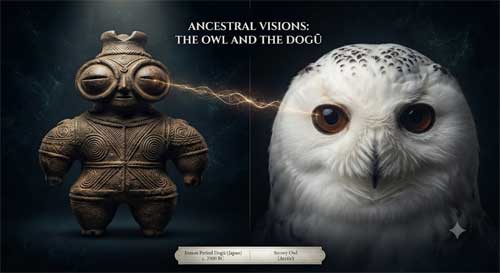 Comparativa visual entre una figurilla Dogu y una lechuza nival, destacando la similitud en los ojos