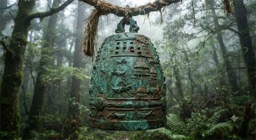 Campana de bronce Dōtaku con relieves de insectos y graneros colgada en un entorno natural