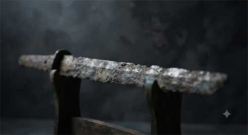 Espada de hierro oxidada del período Yayoi sobre fondo neutro oscuro, textura corroída mostrando antigüedad, luz lateral dramática resaltando forma simple y hoja recta, atmósfera de testimonio histórico silencioso