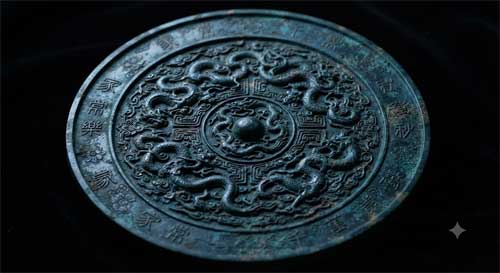 Reverso de un espejo de bronce chino antiguo con intrincados diseños de dragones y nubes