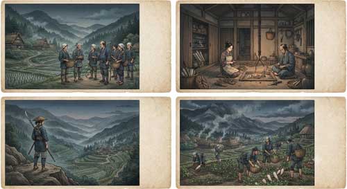 [DESCRIBIR IMAGEN: Ej. Grabado ukiyo-e de clan shinobi en montaña Iga, o fotografía de herramientas ninja tradicionales sobre tatami]
