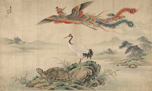 Composición artística de estilo pintura tradicional asiática mostrando una grulla, una tortuga y un Fenghuang