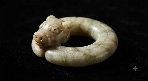 Pieza de jade neolítica de la cultura Hongshan con forma de cerdo-dragón enrollado