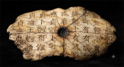 Primer plano de un hueso oracular Shang con inscripciones antiguas grabadas y marcas de quemado