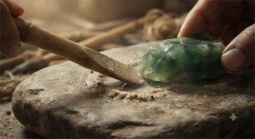 Pieza de jade verde translúcido siendo trabajada con abrasivo natural y herramienta de madera sobre superficie de piedra, luz cálida lateral resaltando textura y polvo fino