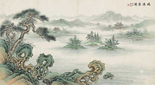 Recreación artística de un antiguo jardín imperial chino con pabellones, lagos y montañas artificiales