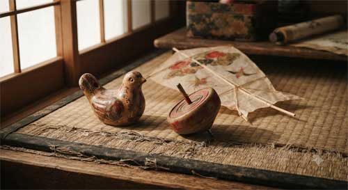 Colección de pequeños juguetes antiguos de cerámica y madera sobre una estera de tatami