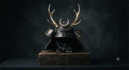 Casco samurái tradicional con cresta decorativa sobre fondo oscuro