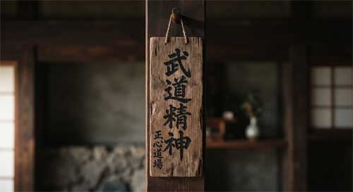 Tira de papel washi con caligrafía japonesa tradicional colgada en un altar o dojo
