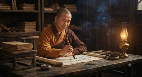 Monje budista escribiendo con pincel sobre rollo de seda, luz cálida de lámpara de aceite, atmósfera serena de estudio antiguo