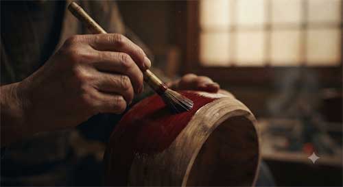 Manos aplicando capa fina de laca roja sobre recipiente de madera con pincel de pelo natural, luz suave difusa resaltando brillo húmedo y textura aterciopelada, atmósfera de concentración silenciosa