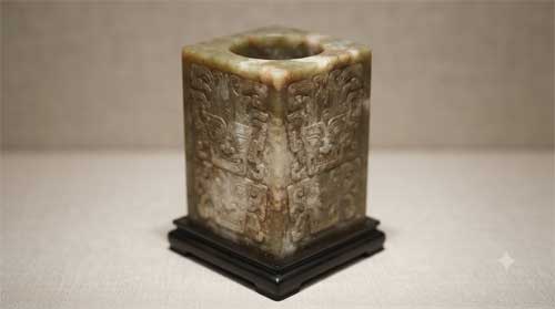 Cong de jade neolítico de Liangzhu con grabados de máscaras divinas, luz suave resaltando textura y patina ancestral