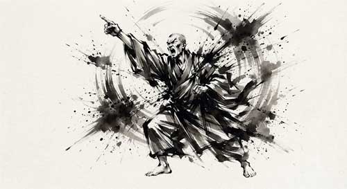 Representación artística de un maestro zen en actitud dinámica y enérgica