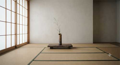 Interior minimalista japonés con tatamis y luz natural entrando por shoji