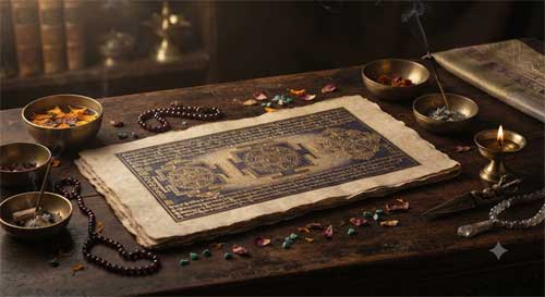 Representación artística de un libro antiguo adornado con joyas y flores de loto