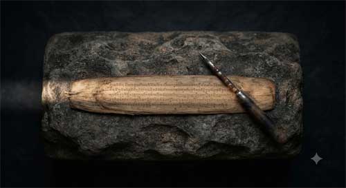Manuscrito antiguo en hojas de palma con escritura pali