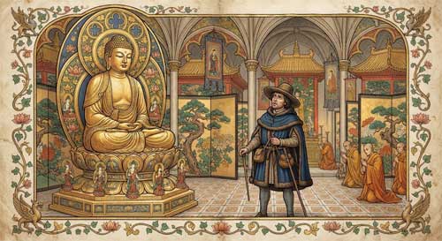 Grabado medieval estilizado mostrando viajeros europeos ante una gran estatua dorada
