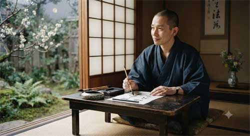 Retrato de Masaoka Shiki con kimono tradicional sosteniendo un abanico