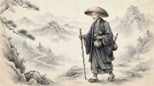 Retrato clásico de Matsuo Bashō con sombrero de paja y bastón de peregrino