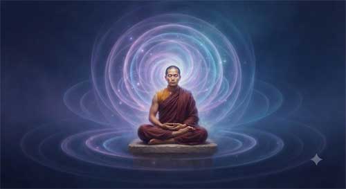 Representación artística de la mente proyectando realidad como ondas concéntricas